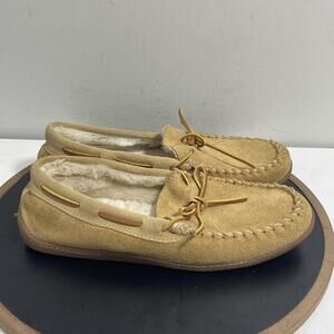 Minnetonka Shoes Mens Size 11 Tan Moccasin Slippers Faux Fur Lined Leather Suede